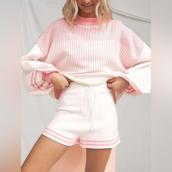 New-Peppermint Pink Casual Stripes Print Two-piece Set - Picture 5 of 11